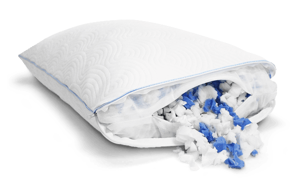 the cloud adjustable pillow with the cover and inside liner unzipped with fill tumbling out
